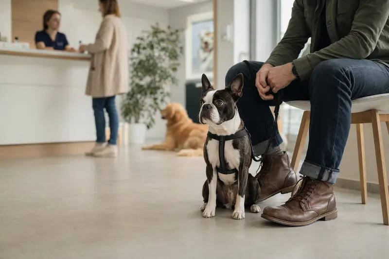 Ein Boston Terrier sitzt ruhig neben seinem Besitzer im hellen Wartezimmer einer modernen Tierarztpraxis.